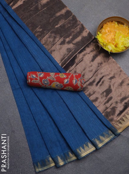 Bengal soft cotton saree cs blue and red with plain body and zari woven border