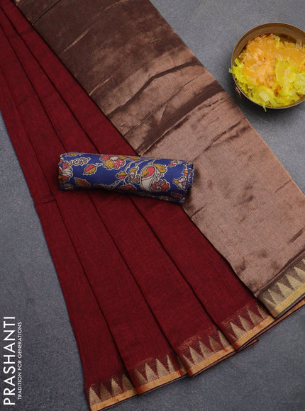 Bengal soft cotton saree maroon and blue with plain body and zari woven border