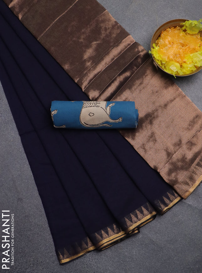Bengal soft cotton saree blue and cs blue with plain body and zari woven border