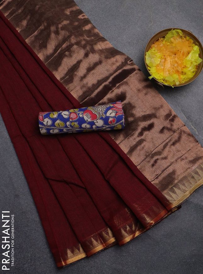 Bengal soft cotton saree maroon and blue with plain body and zari woven border