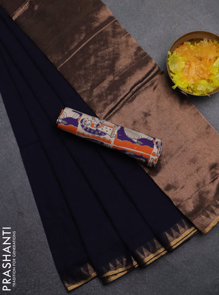 Bengal soft cotton saree navy blue and beige with plain body and zari woven border