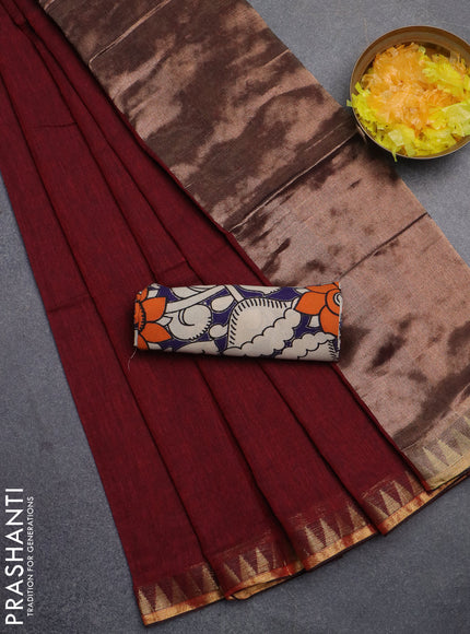 Bengal soft cotton saree maroon and blue with plain body and zari woven border