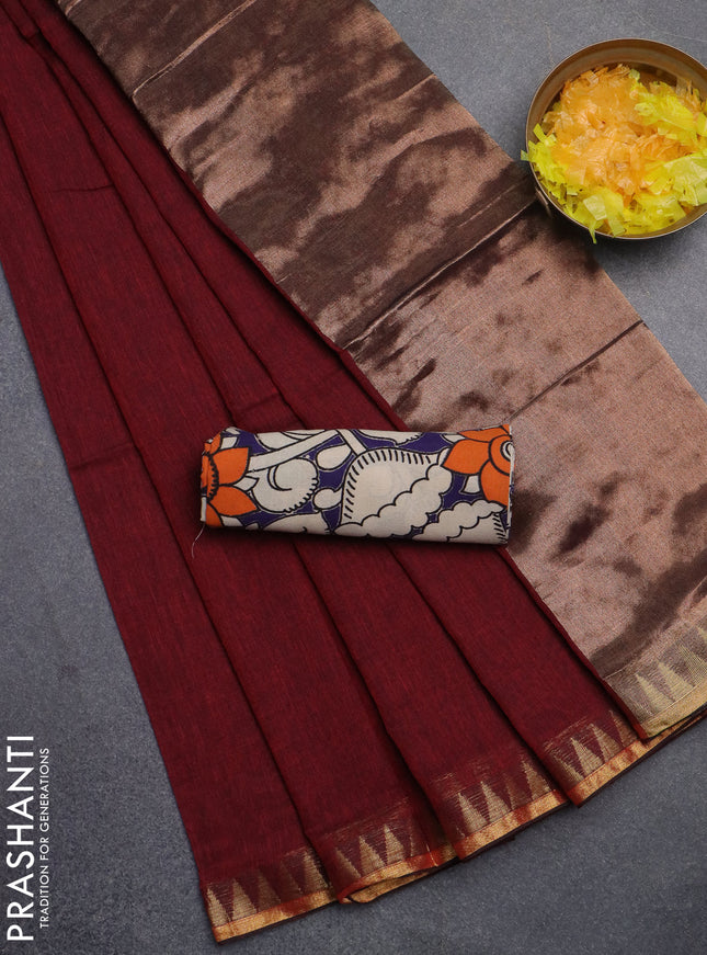 Bengal soft cotton saree maroon and blue with plain body and zari woven border
