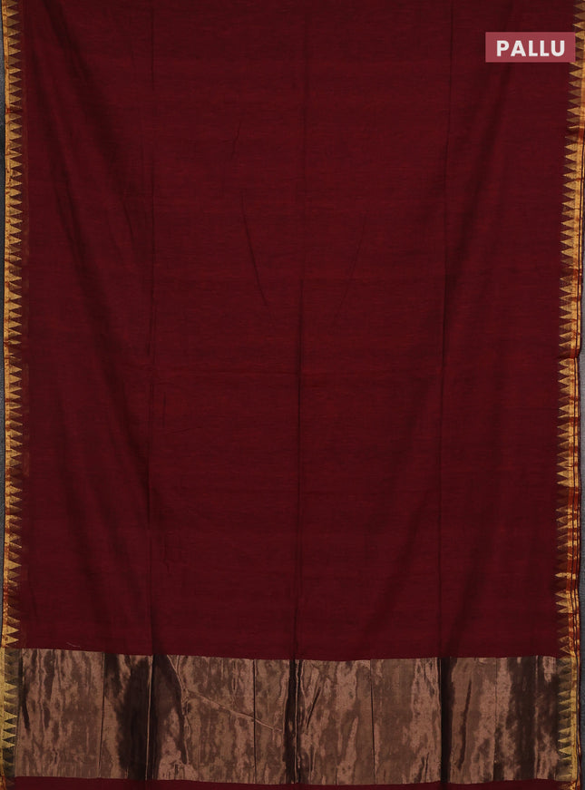 Bengal soft cotton saree maroon and blue with plain body and zari woven border