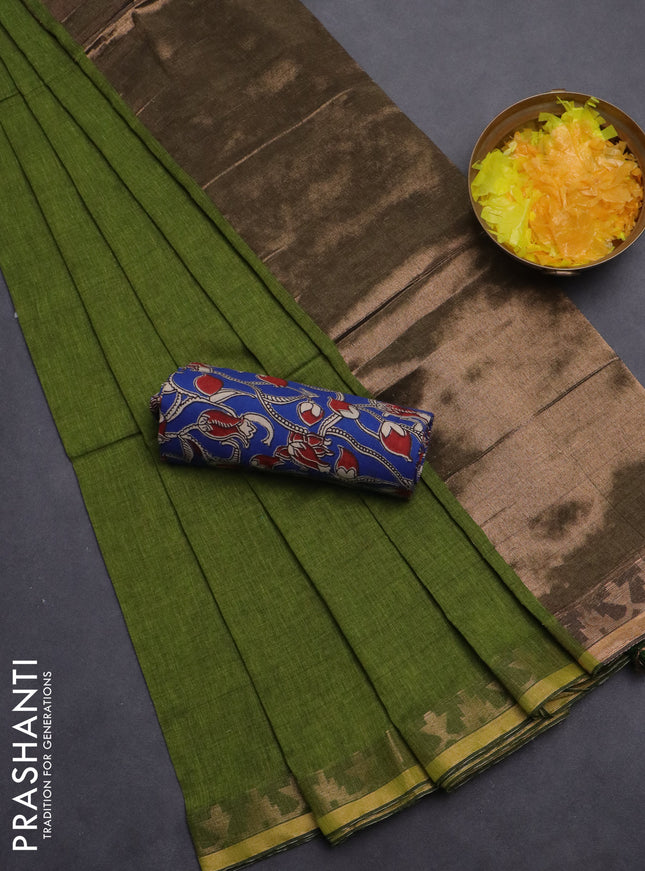 Bengal soft cotton saree green and blue with plain body and zari woven border