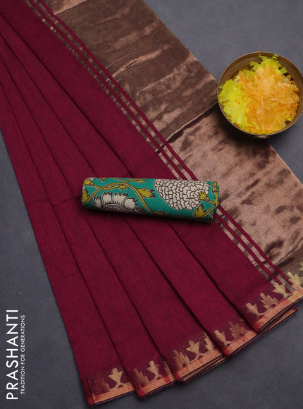 Bengal soft cotton saree magenta pink and teal green with plain body and zari woven border
