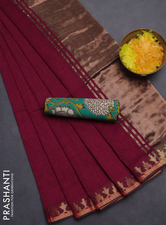 Bengal soft cotton saree magenta pink and teal green with plain body and zari woven border