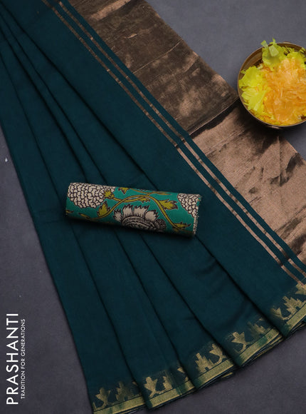 Bengal soft cotton saree peacock green with plain body and zari woven border