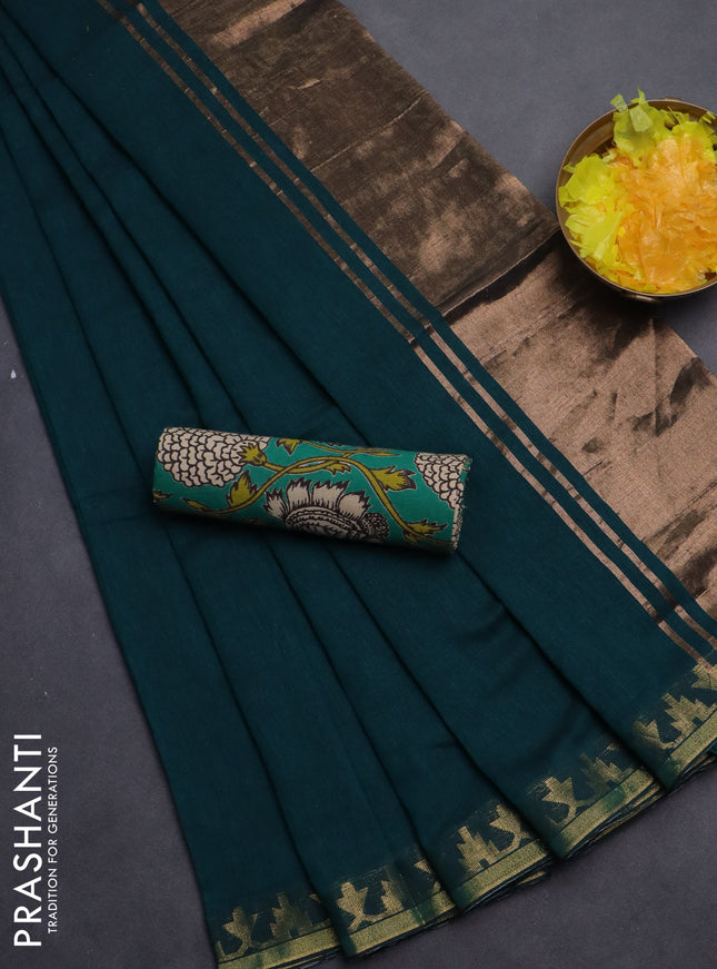Bengal soft cotton saree peacock green with plain body and zari woven border