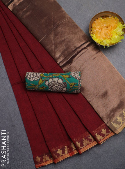 Bengal soft cotton saree maroon and green with plain body and zari woven border