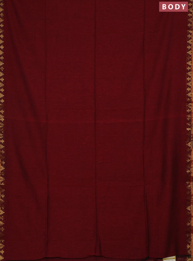 Bengal soft cotton saree maroon and green with plain body and zari woven border