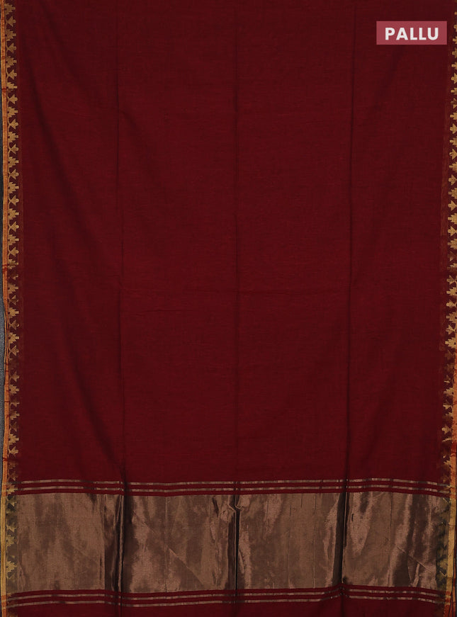 Bengal soft cotton saree maroon and green with plain body and zari woven border