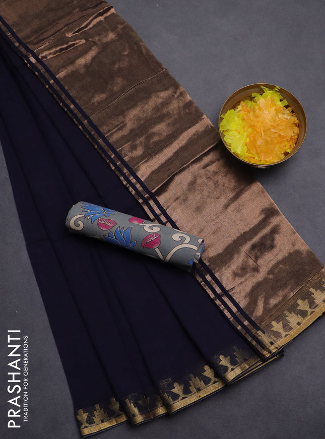 Bengal soft cotton saree navy blue and grey with plain body and zari woven border