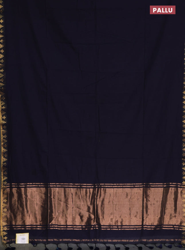 Bengal soft cotton saree navy blue and grey with plain body and zari woven border