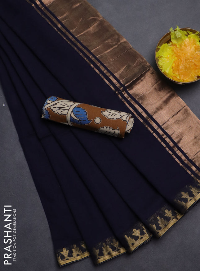Bengal soft cotton saree navy blue and dark mustard with plain body and zari woven border