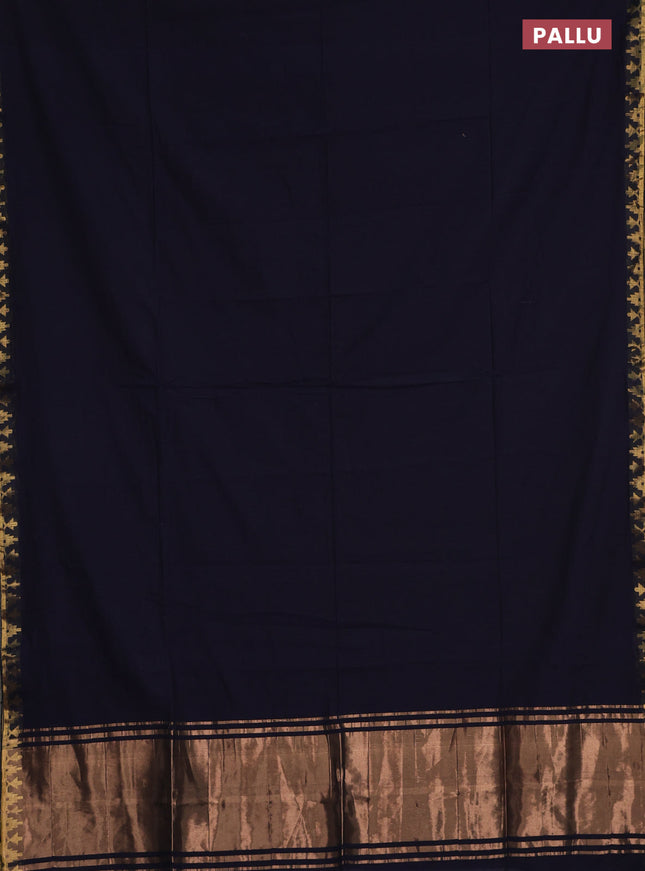 Bengal soft cotton saree navy blue and dark mustard with plain body and zari woven border