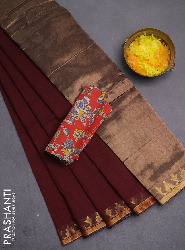 Bengal soft cotton saree maroon and red with plain body and zari woven border