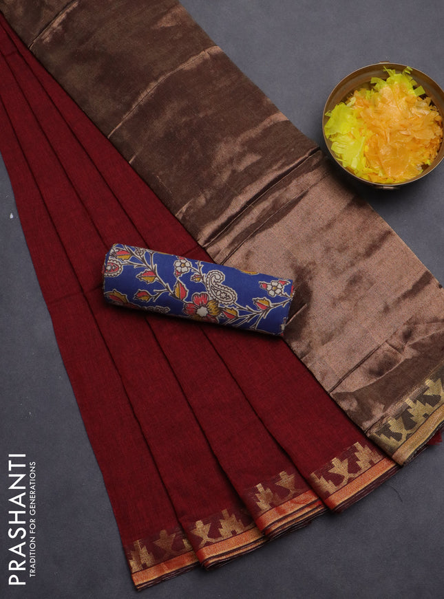 Bengal soft cotton saree maroon and blue with plain body and zari woven border