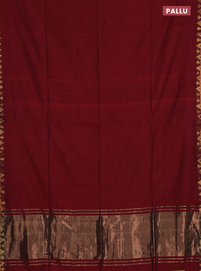 Bengal soft cotton saree maroon and blue with plain body and zari woven border