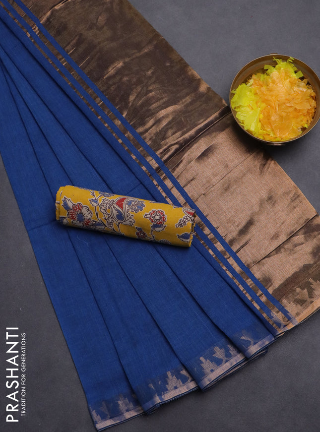 Bengal soft cotton saree cs blue and yellow with plain body and zari woven border