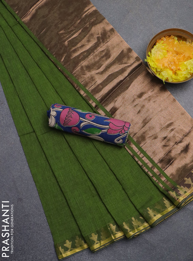 Bengal soft cotton saree light green and blue with plain body and zari woven border