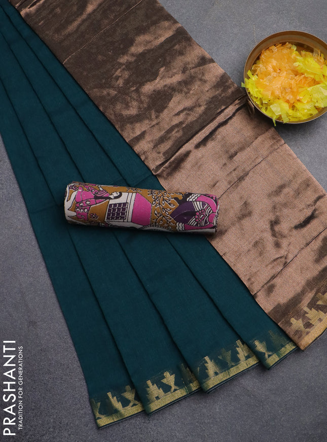 Bengal soft cotton saree peacock green and mustard yellow with plain body and zari woven border