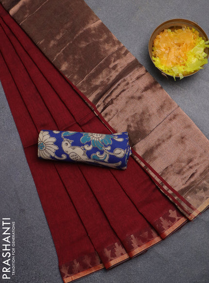 Bengal soft cotton saree maroon and blue with plain body and zari woven border