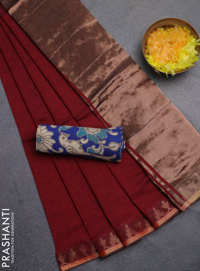 Bengal soft cotton saree maroon and blue with plain body and zari woven border