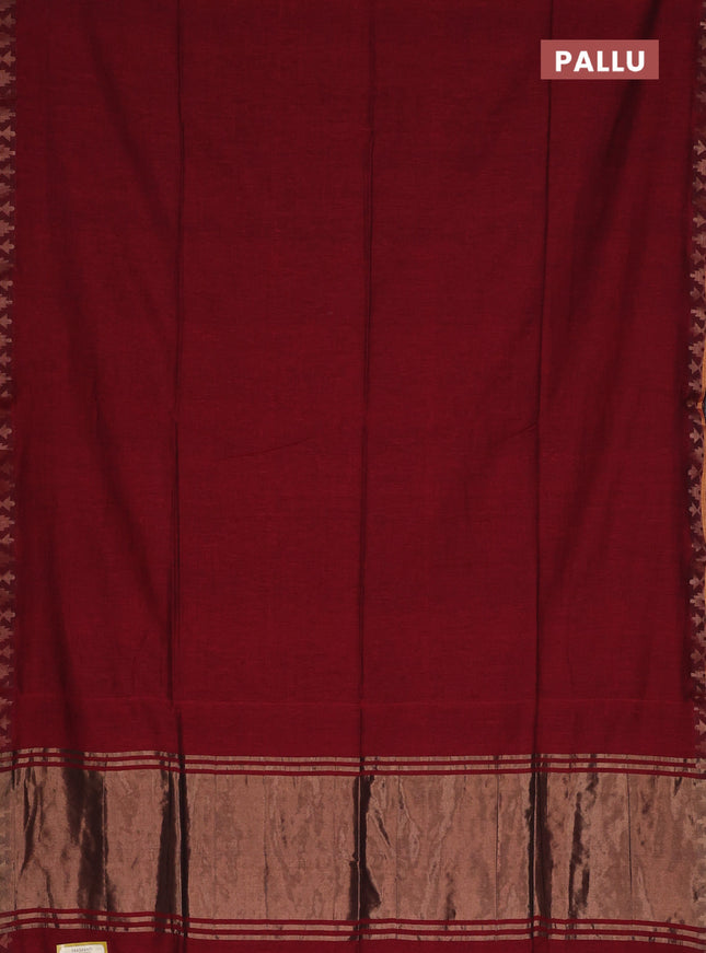 Bengal soft cotton saree maroon and blue with plain body and zari woven border
