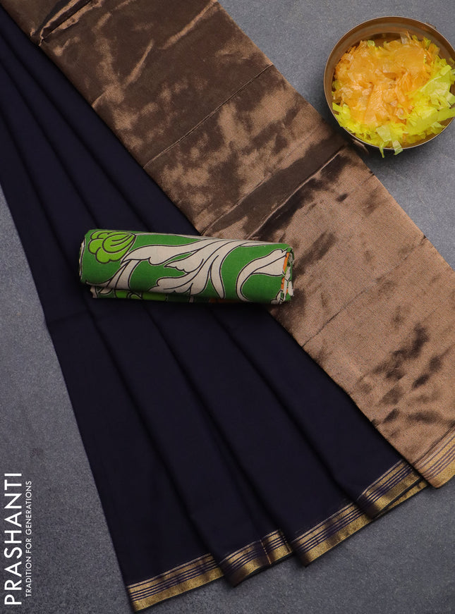 Bengal soft cotton saree navy blue and green with plain body and zari woven border