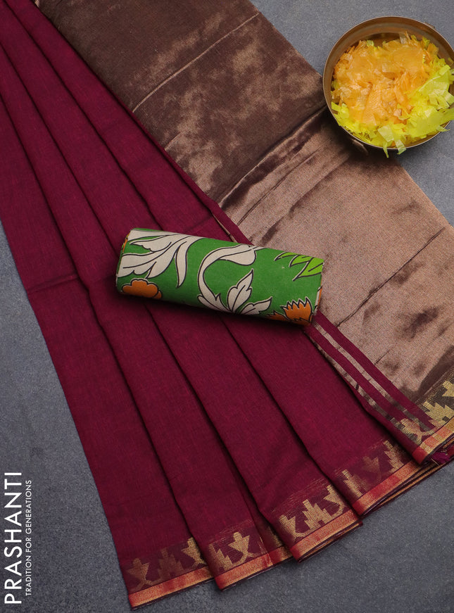 Bengal soft cotton saree dark magenta pink and green with plain body and zari woven border
