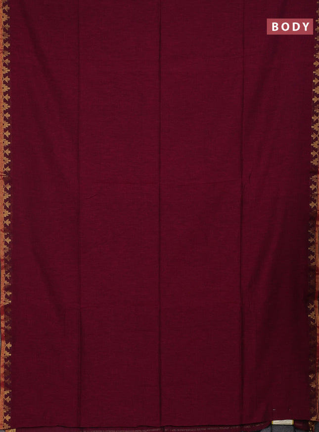 Bengal soft cotton saree dark magenta pink and green with plain body and zari woven border