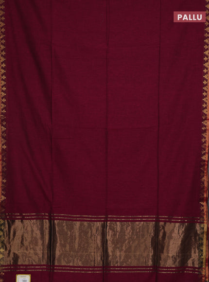 Bengal soft cotton saree dark magenta pink and green with plain body and zari woven border