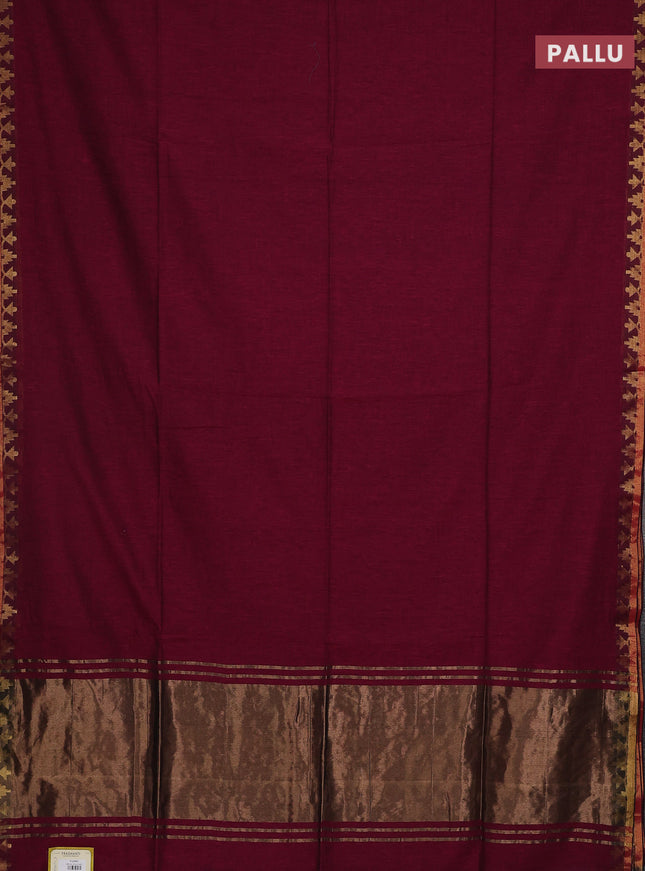 Bengal soft cotton saree dark magenta pink and green with plain body and zari woven border