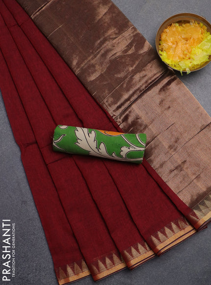 Bengal soft cotton saree maroon and green with plain body and zari woven border