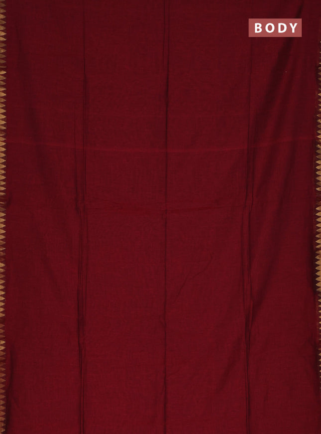 Bengal soft cotton saree maroon and green with plain body and zari woven border