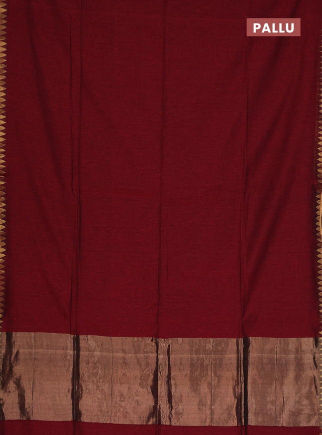 Bengal soft cotton saree maroon and green with plain body and zari woven border