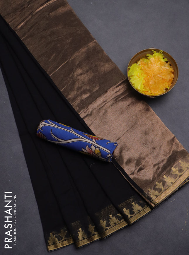 Bengal soft cotton saree black and blue with plain body and zari woven border