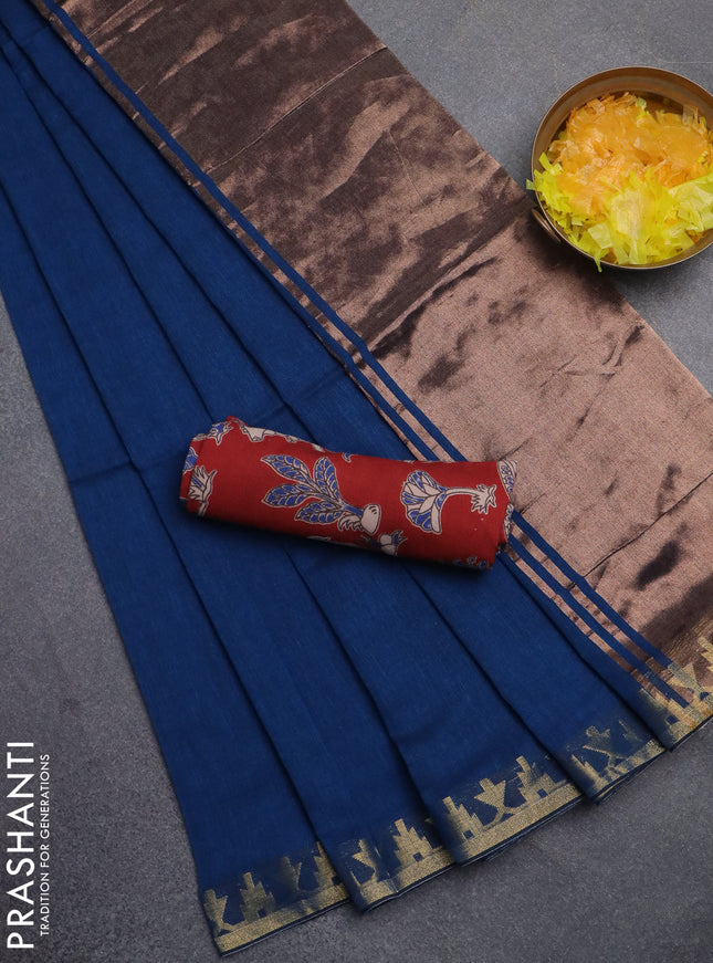Bengal soft cotton saree cs blue and maroon with plain body and zari woven border