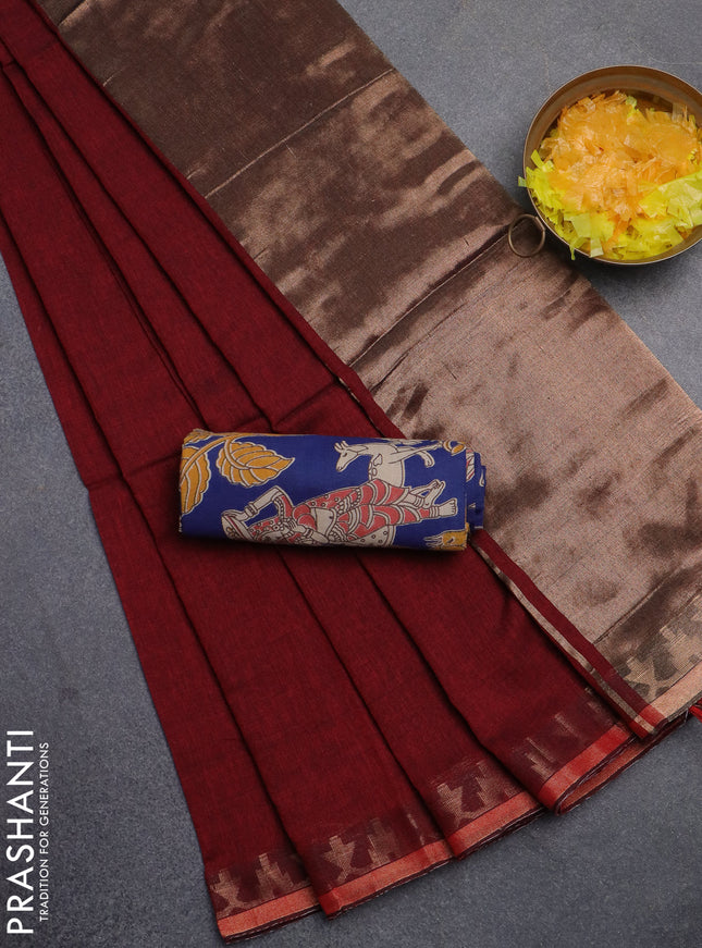 Bengal soft cotton saree maroon and blue with plain body and zari woven border