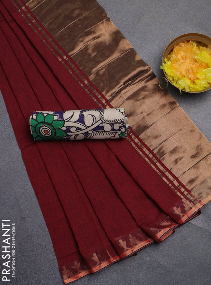 Bengal soft cotton saree maroon and blue with plain body and zari woven border