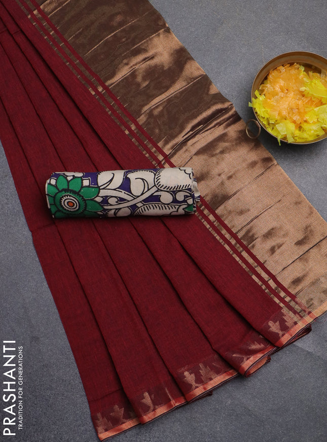 Bengal soft cotton saree maroon and blue with plain body and zari woven border