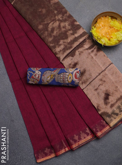 Bengal soft cotton saree dark magenta pink and blue with plain body and zari woven border