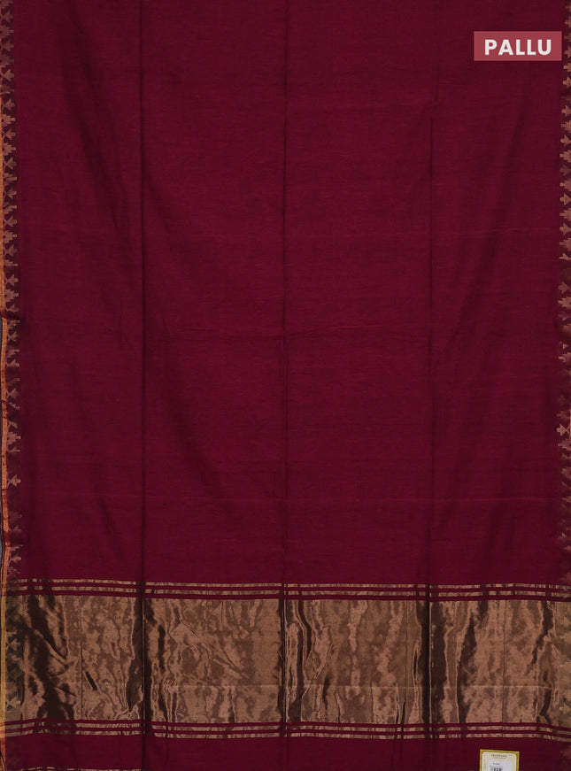 Bengal soft cotton saree dark magenta pink and blue with plain body and zari woven border