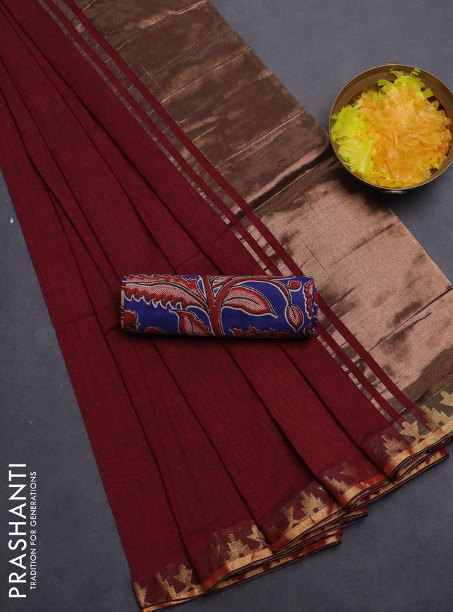 Bengal soft cotton saree maroon and blue with plain body and zari woven border