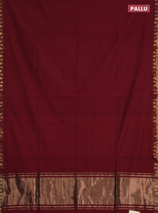 Bengal soft cotton saree maroon and blue with plain body and zari woven border