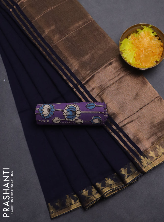 Bengal soft cotton saree navy blue and violet with plain body and zari woven border