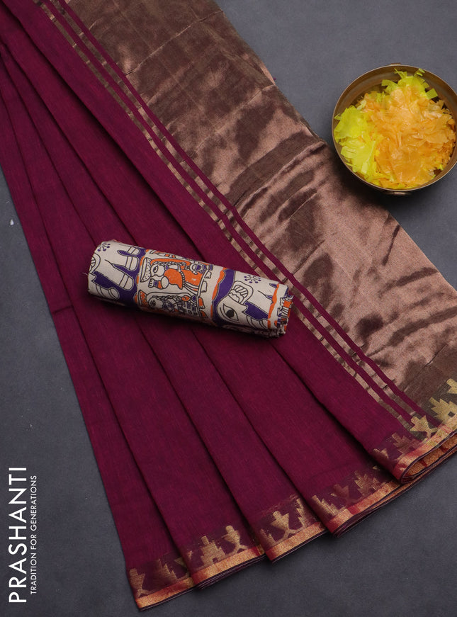 Bengal soft cotton saree dark magenta pink and violet with plain body and zari woven border
