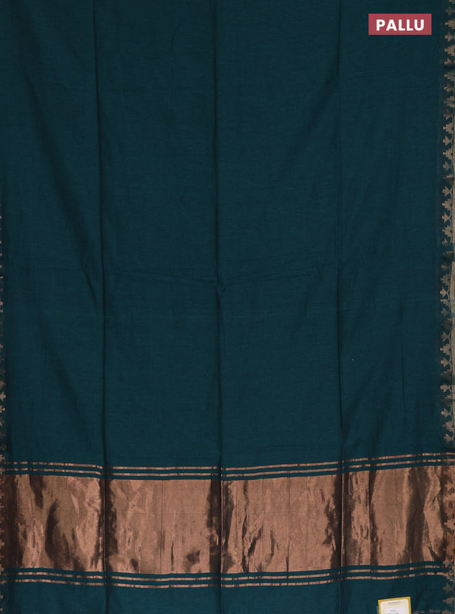 Bengal soft cotton saree teal green and maroon with plain body and zari woven border