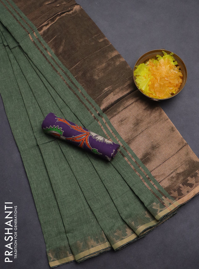 Bengal soft cotton saree green shade and violet with plain body and zari woven border